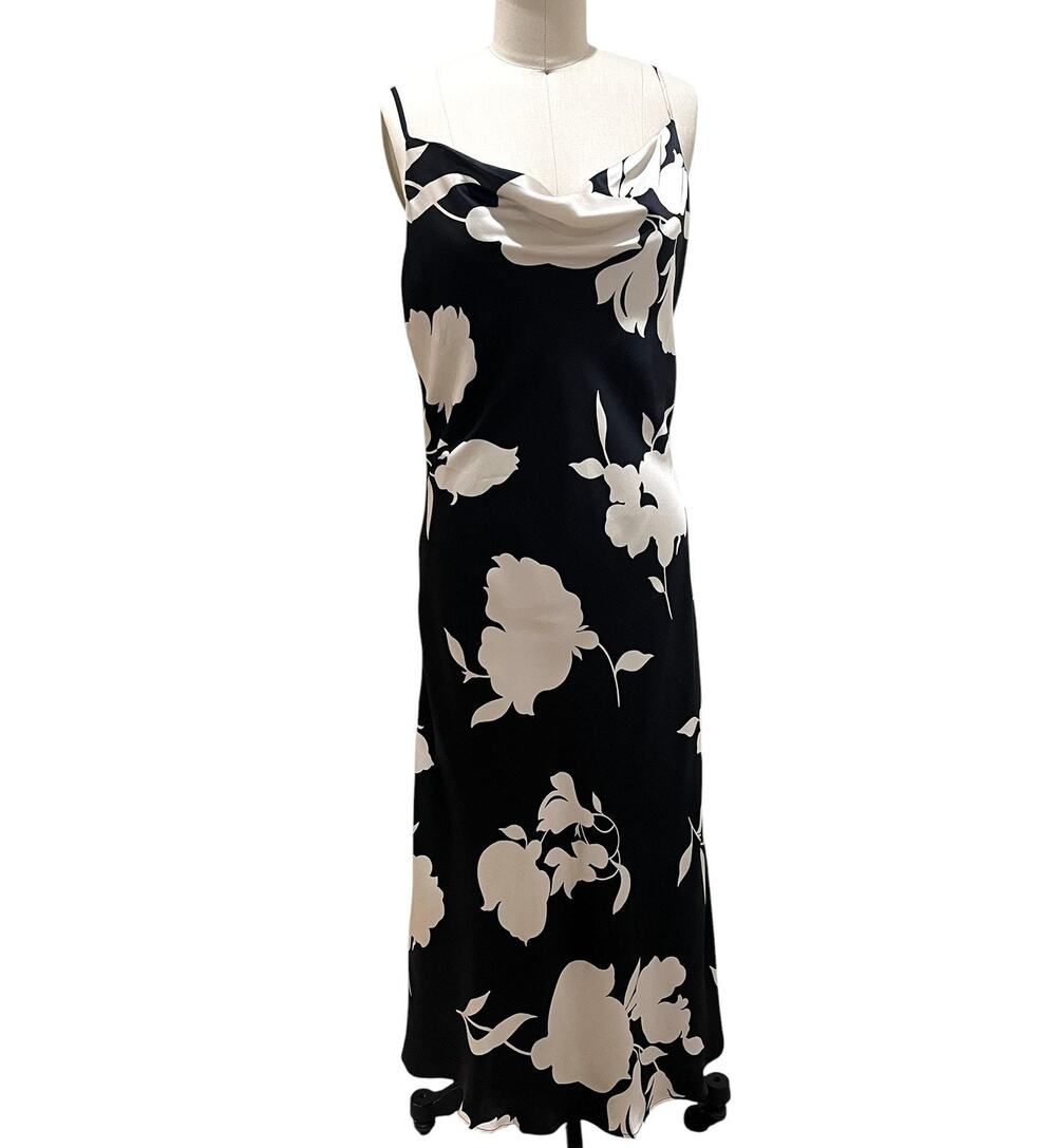 Ann Taylor Dress Womens 8 Black Floral Silk Cowl Neck Slip Dress